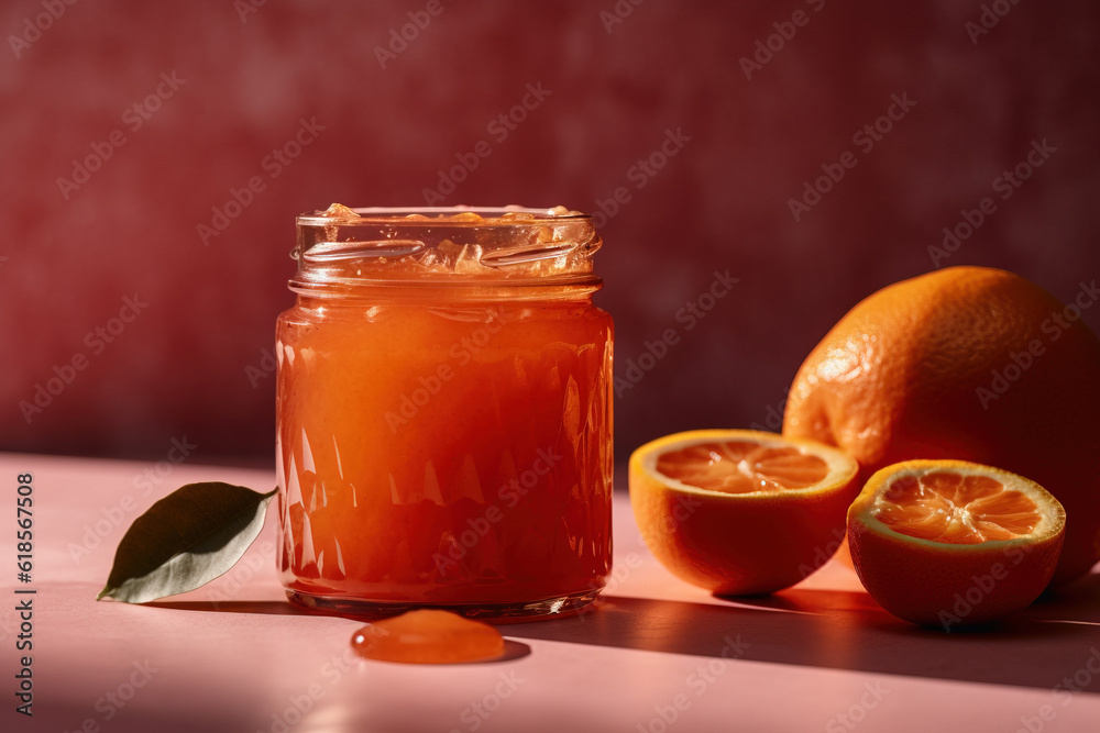 Blood Orange Marmalade jam food photography close-up with sliced orange, generative ai Blood Orange Marmalade jam food photography close-up with sliced orange, generative ai
