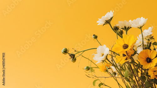 A postcard background text yellow open space illustration of a fase with a bouquet of flowers, generative ai © R Ubink