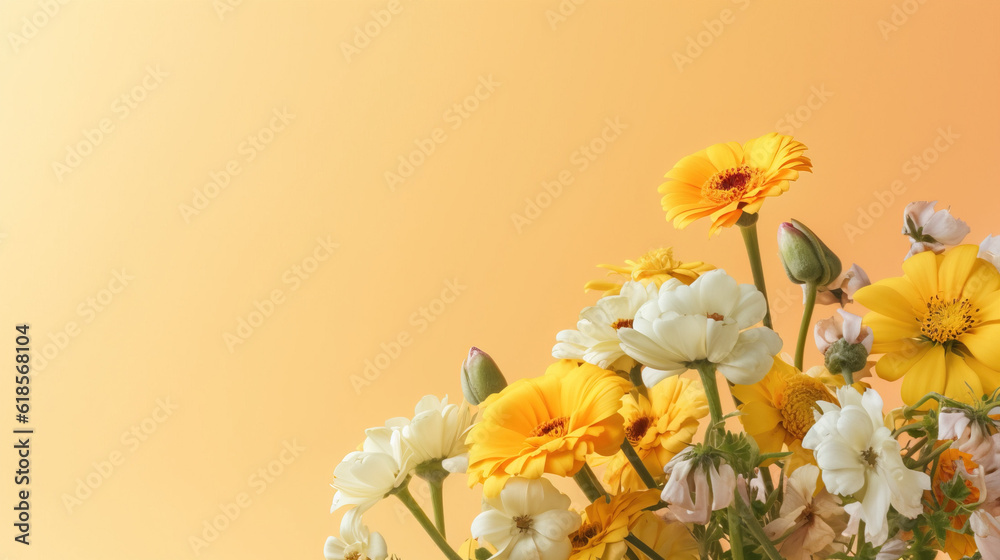 A postcard background text yellow open space illustration of a fase with a bouquet of flowers, generative ai