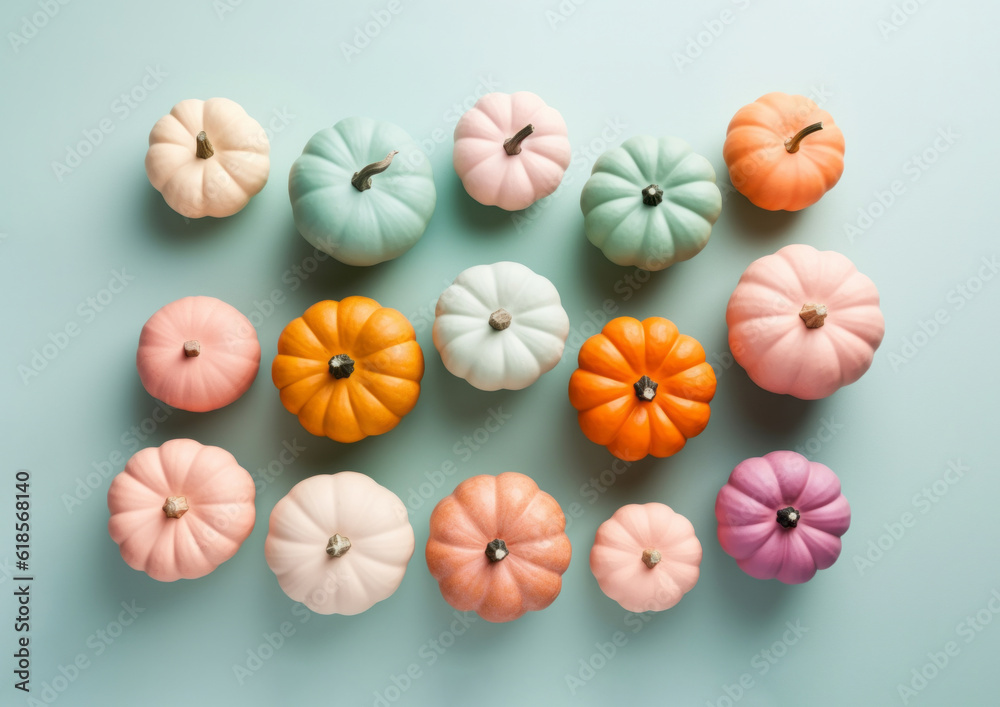 Pumpkins of various colors made of wool under studio lighting. Generative AI