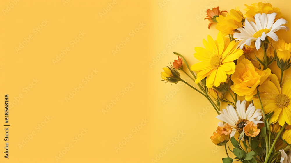 A postcard background text yellow open space illustration of a fase with a bouquet of flowers, generative ai