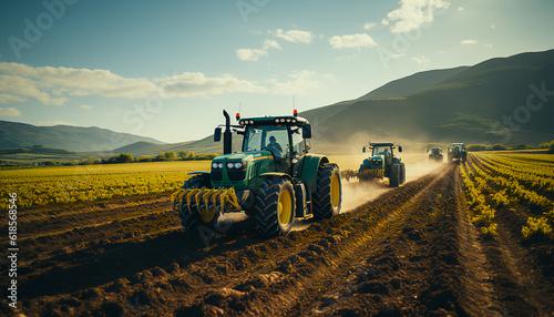 A modern tractor ploughing a field