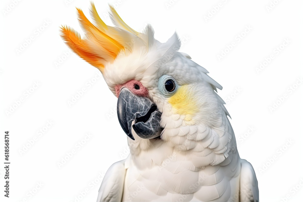 cockatoo face shot isolated on white background with 8k high resolution