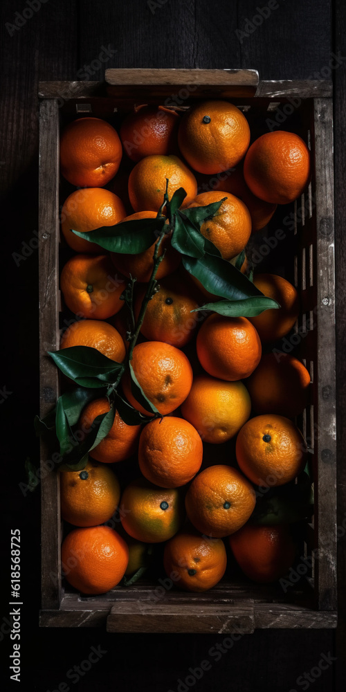 oranges in a wooden box, basket, topdown photo, fresh, generative ai, 