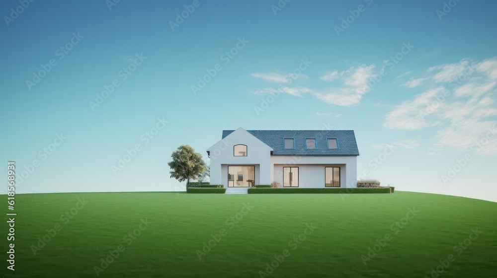 House with lawn and blue sky background.Minimal concept for real estate and property.3d rendering House with lawn and blue sky background.Minimal concept for real estate and property.3d rendering
