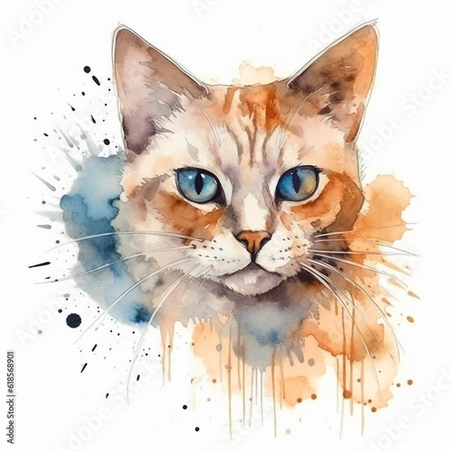 Watercolor portrait of a cat. Sketch style illustration. For creating posters, stickers, postcards, prints, sublimations. AI generated © Tata Che