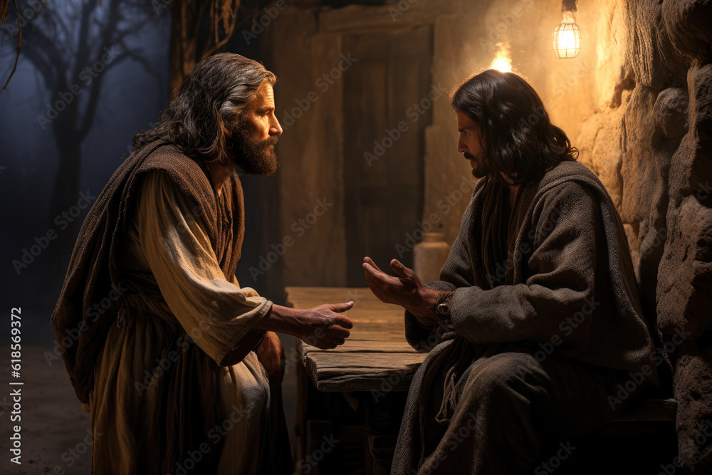 Nicodemus encounter with Jesus Christ the two talk about being reborn again Generative AI