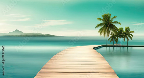 Tropical ocean in green and blue with long wood jetty Lots of copy space in sea and sky