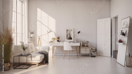 Living and working space in white room.3d rendering