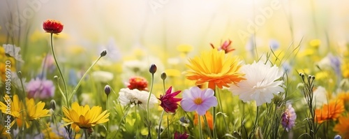 An illustration of a beautiful summer-spring natural flowers background in the form of a banner, wildflowers, and yellow dandelions on a bright sunny day bokeh. Made with Generative AI technology