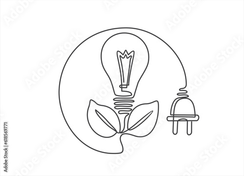 Plant inside Lightbulb with power plug in one line drawing. Concept of Eco energy and environmental friendly sources. Can used for logo, emblem, slide show and banner. Illustration with quote template