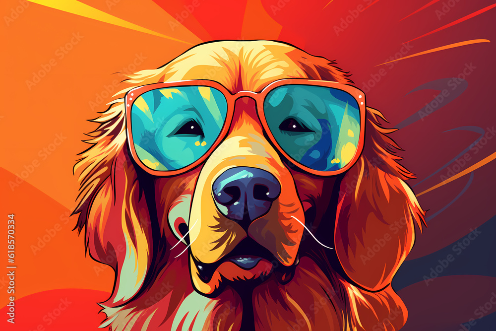 Fototapeta premium Cute Golden Retriever wearing Sunglasses, Colorful Background, AI-Generated Image 