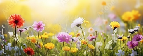 An illustration of a beautiful summer-spring natural flowers background in the form of a banner, wildflowers, and yellow dandelions on a bright sunny day bokeh. Made with Generative AI technology
