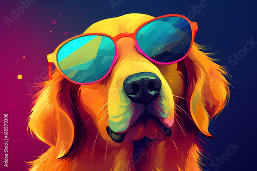 Cute Golden Retriever wearing Sunglasses, Colorful Background, AI-Generated Image 
