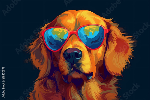 Cute Golden Retriever wearing Sunglasses, Colorful Background, AI-Generated Image 