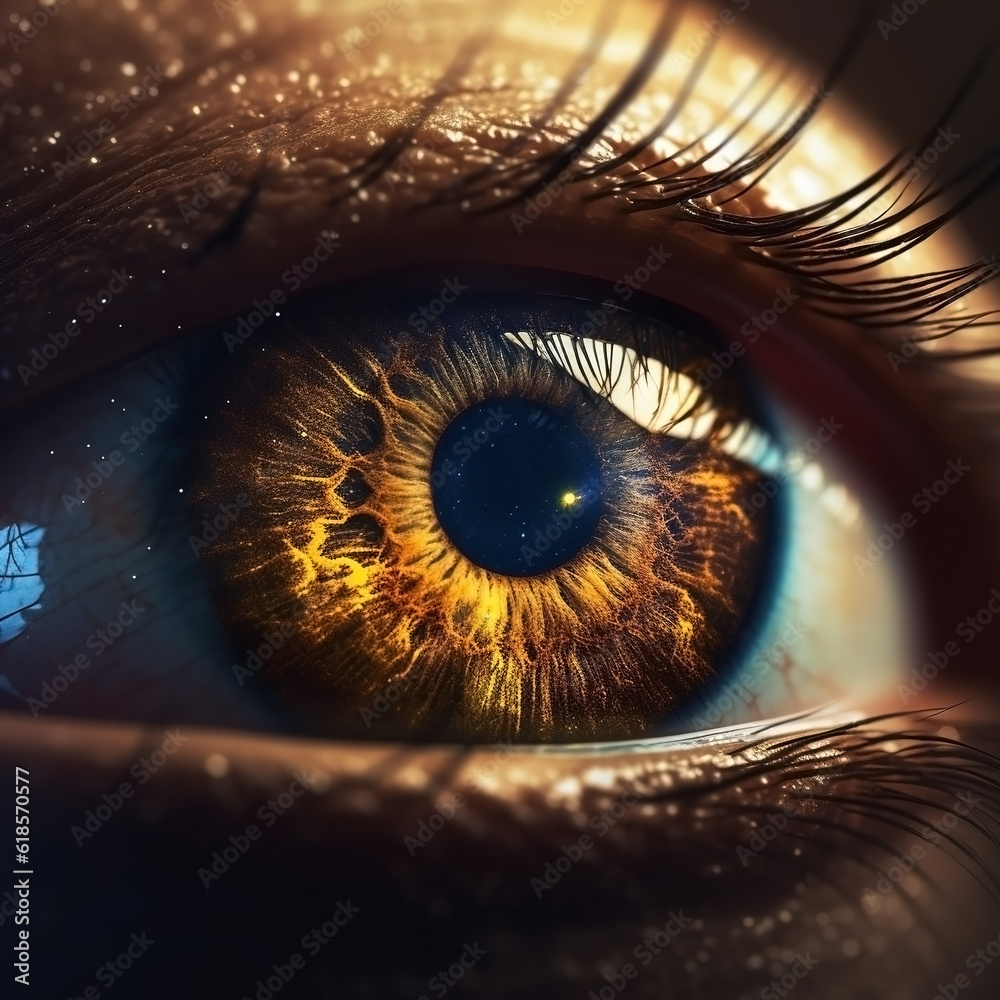 Realistic human eye with reflection of galaxy, golden iris. Ai generated