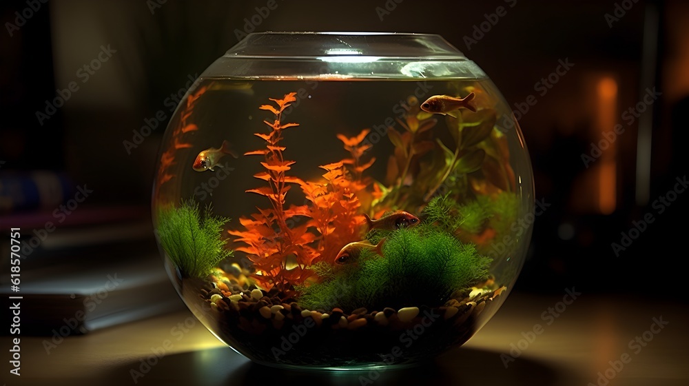 Vibrant underwater ecosystem in a small round fish tank aquarium with colorful stone, aquarium ornament, fish, and artificial aquatic plants. Vibrant underwater ecosystem in a small round fish tank aquarium with colorful stone, aquarium ornament, fish, and artificial aquatic plants.