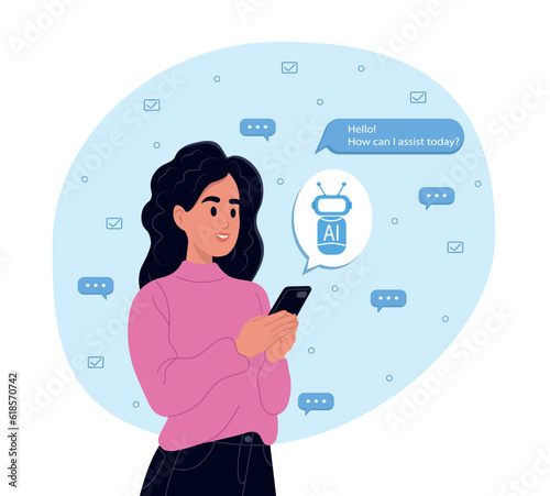 Person uses the technology of a smart AI robot. ChatGPT AI chat concept, artificial intelligence. Dialogue between the AI assistant and the user in the messenger.