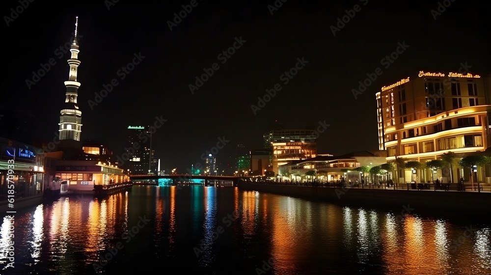 Vibrant cityscape near the river with illuminated buildings, reflecting in water under the night sky.