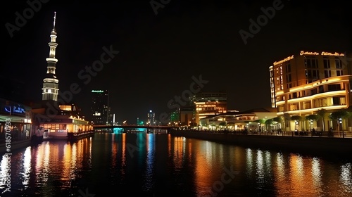 Vibrant cityscape near the river with illuminated buildings  reflecting in water under the night sky.