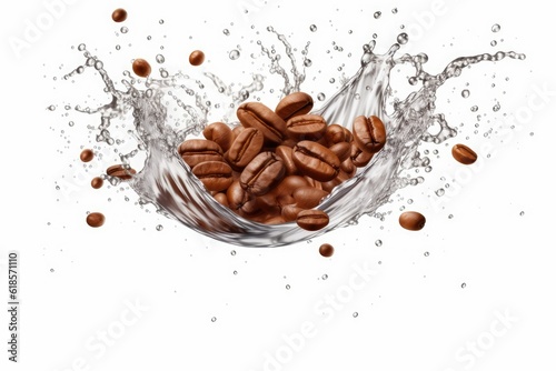 coffee beans with water splashing effect on white background