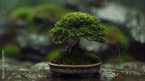 Small bonsai tree in a ceramic pot put outside at the stone in rainy day.