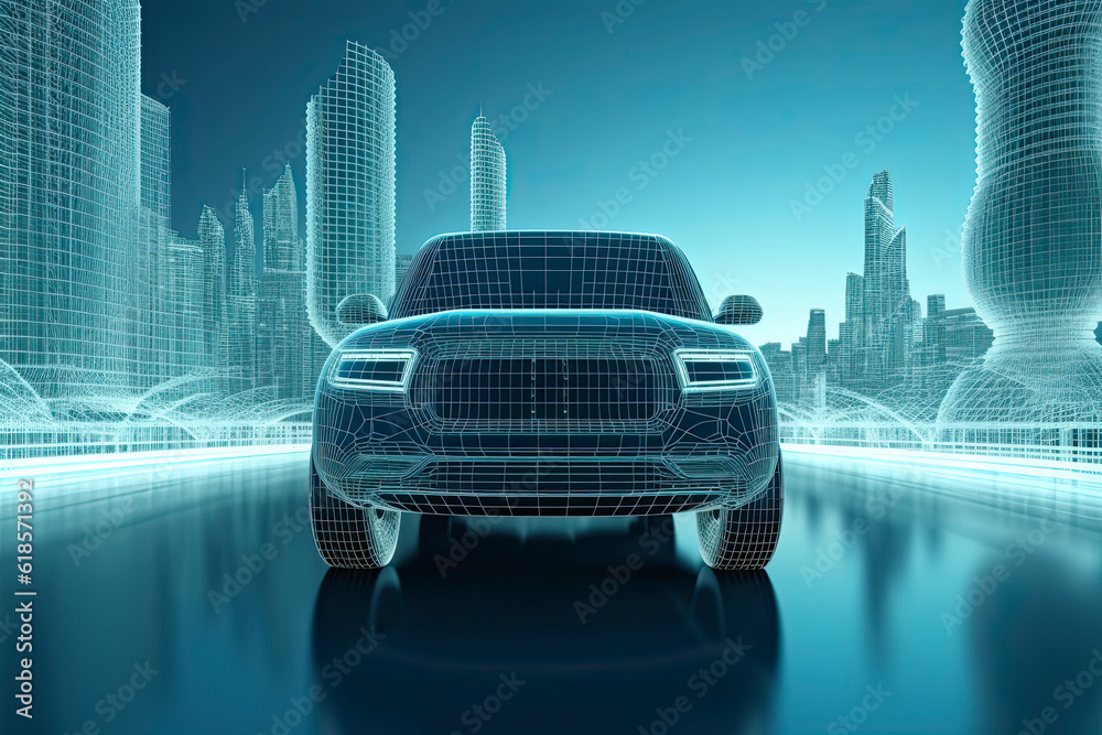 Fototapeta premium wireframe Modern Electric car rides through Blue tunnel 3d rendering.AI generated.