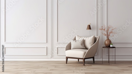 Fototapeta Naklejka Na Ścianę i Meble -  Modern classic interior.Armchair,pillows,side table with vase and ceiling lamp.White wall and wooden floor. 3d rendering