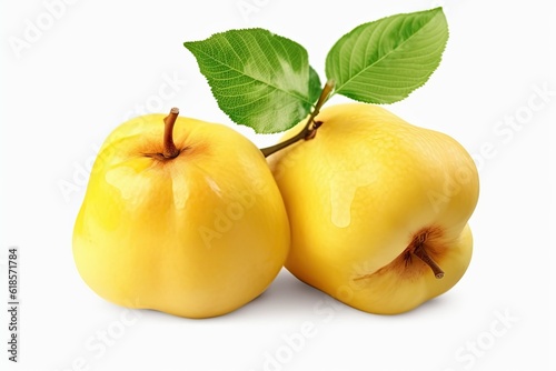 yellow apple with leafs on white background