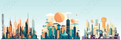 Abstract flat vector illustration of futuristic sky city.
