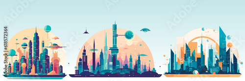 Abstract flat vector illustration of futuristic sky city.