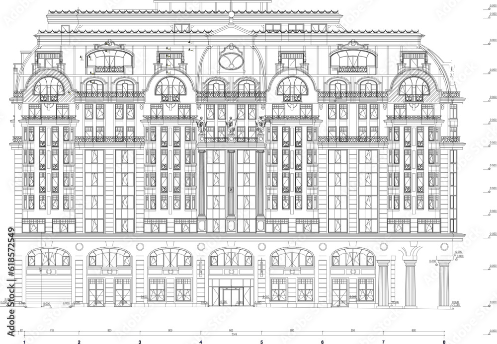 Vector sketch of architectural design illustration of mall building, shopping center and vintage old classic ancient hotel 