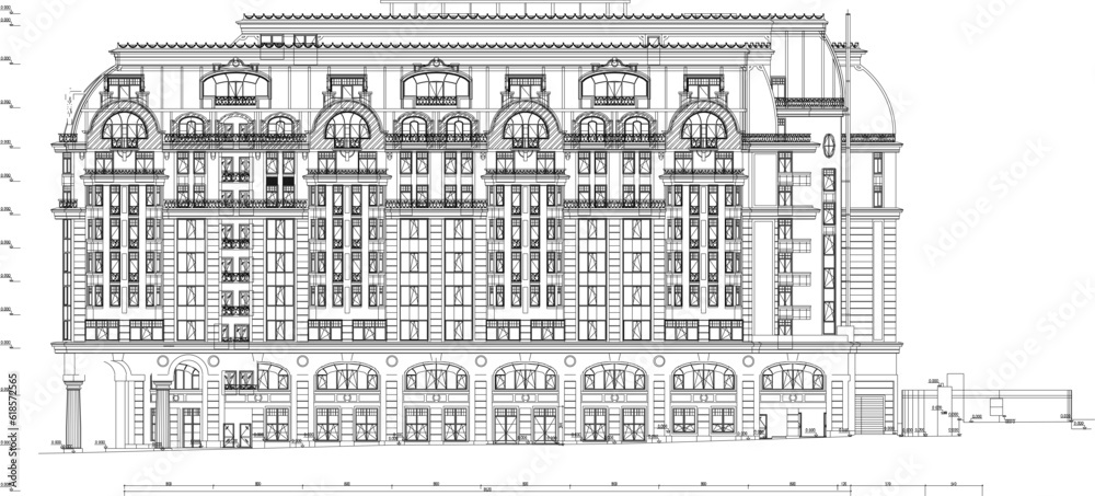 Vector sketch of architectural design illustration of mall building, shopping center and vintage old classic ancient hotel