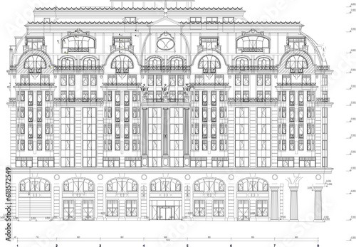 Vector sketch of architectural design illustration of mall building, shopping center and vintage old classic ancient hotel 