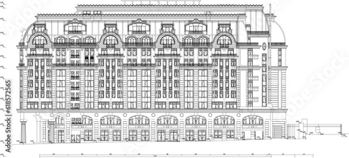 Vector sketch of architectural design illustration of mall building, shopping center and vintage old classic ancient hotel