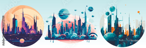 Abstract flat vector illustration of futuristic sky city.