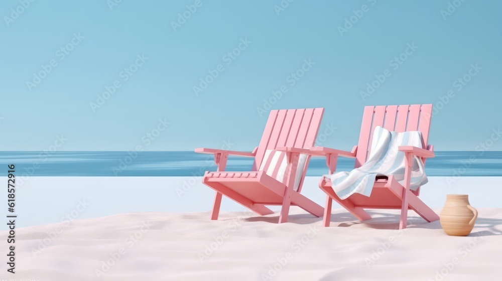 Pink beach chairs with pillows on white sand.Summer concept.3d rendering