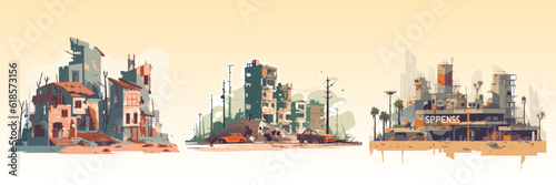 Abstract flat vector illustration of postapocalypse city.