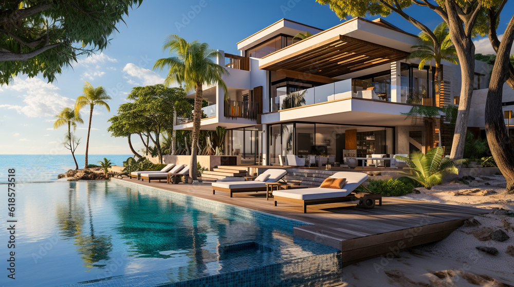 Embrace the Beauty and Elegance of a Modern Large Beach Villa With a Pool, Generative AI