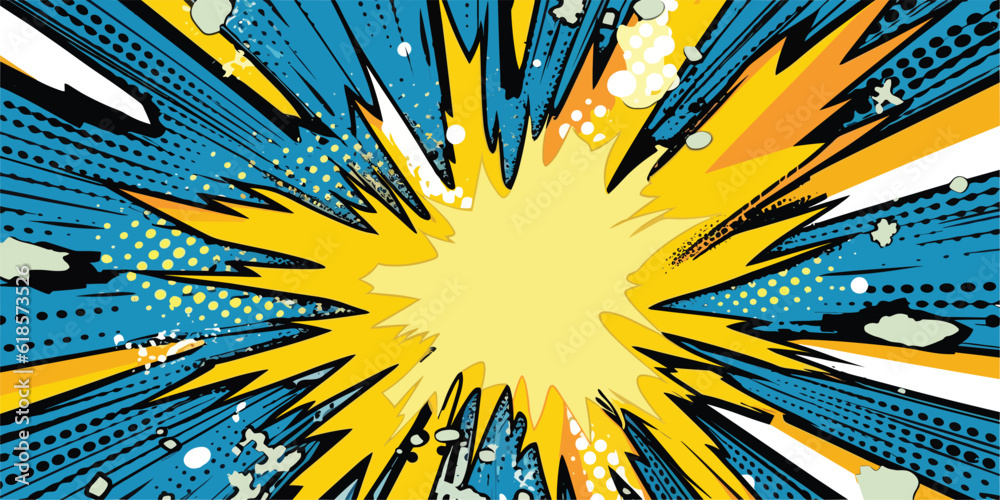 Naklejka premium VIntage retro comics boom explosion crash bang cover book design with light and dots. Can be used for decoration or graphics. Graphic Art. Vector. Illustration