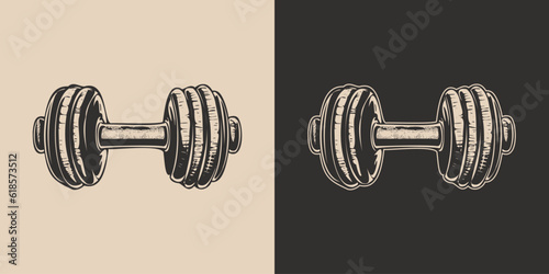 Set of vintage retro barbell. Gym fit powerlifting bodybuilding inspirational strong life power motivation. Graphic Art. Vector