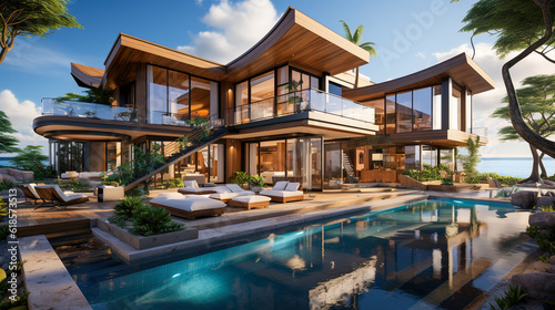 Beachfront Oasis: Experience Luxury and Serenity in a Modern Large Villa With a Pool, Generative AI © BPawesome