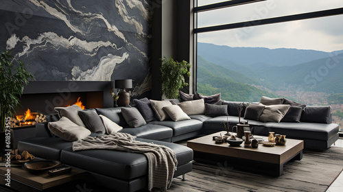 Grey, Black, and White Living Room with Natural Stone Wall, Fireplace, and Large Window, Generative AI