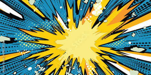 Fotografiet VIntage retro comics boom explosion crash bang cover book design with light and dots