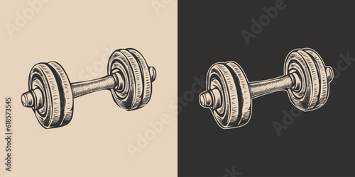 Set of vintage retro barbell. Gym fit powerlifting bodybuilding inspirational strong life power motivation. Graphic Art. Vector