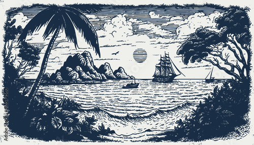 VIntage retro engraving style sea nautical marine navy vacation landscape. Adventure vacation cruise vibe. Background outdoor adventure vibe. Graphic Art Vector