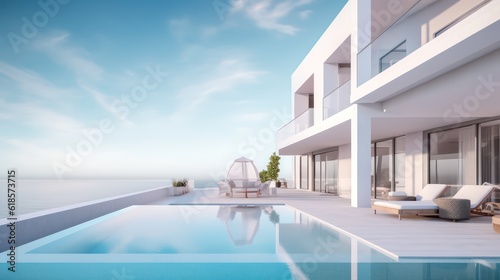 Sea view.Luxury modern white beach hotel with swimming pool.Sunbed on sundeck for vacation home or hotel.3d rendering © Eli Berr