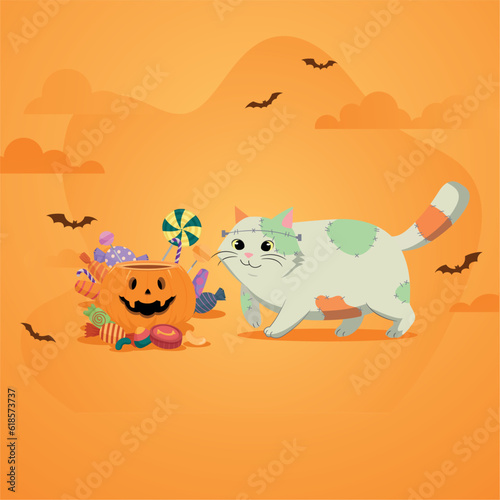 Isolated cute cat with zombie halloween costume Vector