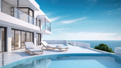 Sea view.Luxury modern white beach hotel with swimming pool.Sunbed on sundeck for vacation home or hotel.3d rendering