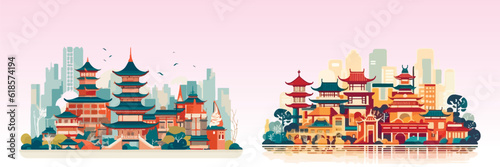 Abstract flat vector illustration of asian city.